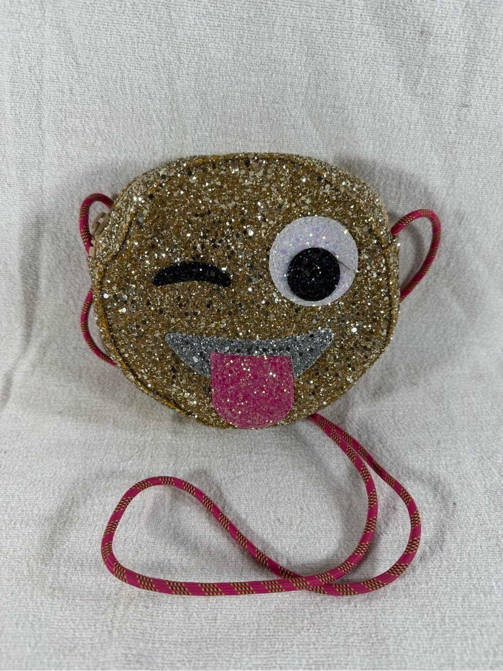 Crewcuts Gold Glitter Emoji Crossbody with Pink Tongue